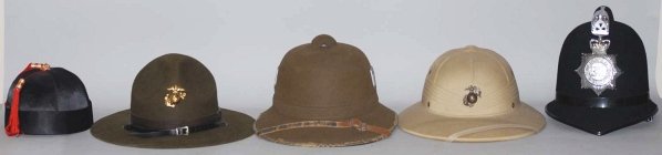 Lot of 5: Military Hats.: Includes one Russian, two USA and one British Bobby hat. Condition (Excellent).