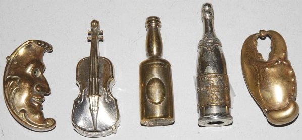 Lot of 5: Figural Match Safes.: Includes one lobster claw, one violin, one moon and two bottles. Condition (Excellent). Size Largest: 2 - 3/4" T.