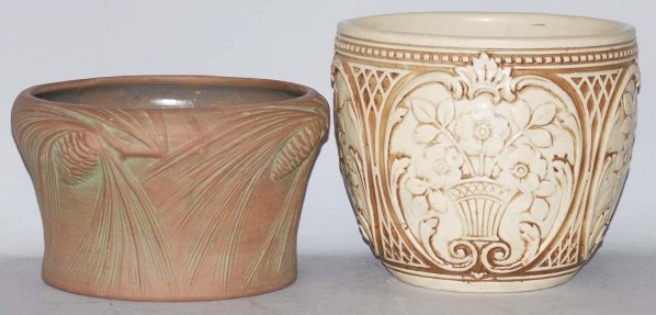 Lot of 2: Jardinieres.: Includes one Peters & Reed pinecone moss Aztec Jardiniere and one Weller Creamware Jardiniere. Condition (Fair - Excellent). Size Largest: 9 - 1/4" T.