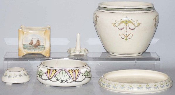 Lot of 6: Roseville Creamware Pieces.: Includes forget me not ring holder and bowl with minor crazing, square landscape planter with chips to feet, Persian tri-handled bowl with chips to inner rim, forget me not tray with hairline at rim a