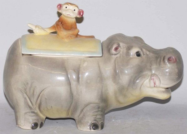 Brush Pottery Laughing Hippo Cookie Jar.: 1961. Jar has no chips or cracks and only very minor crazing to lid. Condition (Excellent). Size 12 - 1/2" L.