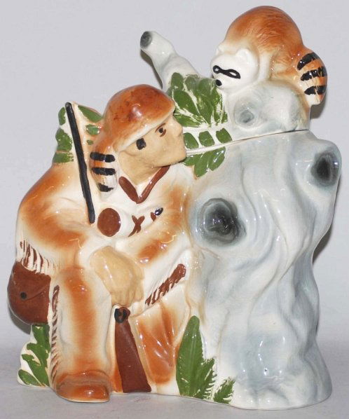 Sierra Vista Davy Crockett Cookie Jar.: Jar has a few chips at rim and one hairline. Moderate crazing throughout. A hard jar to find. Condition (Very Good). Size 10 - 1/2" T.