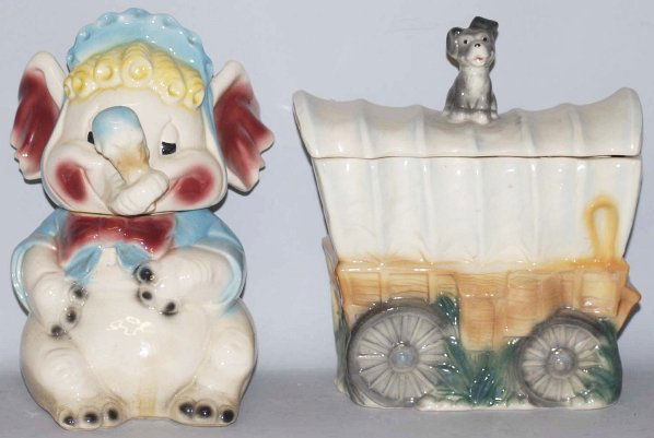 Lot of 2: Brush Cookie Jars.: Includes a covered wagon and an elephant with an ice cream cone. Covered wagon has a hairline crack at rear and elephant has moderate crazing. Condition (Very Good). Size Largest: 12" T.