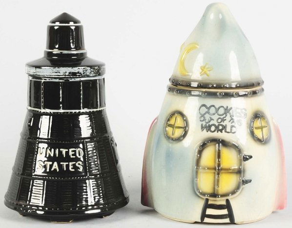 Lot of 2: Space Themed Cookie Jars.: Includes an American Bisque Friendship 7 jar and a Cookies out of This World jar. Out of this world jar has minor crazing. Condition (Very Good - Excellent). Size Largest: 12" T.