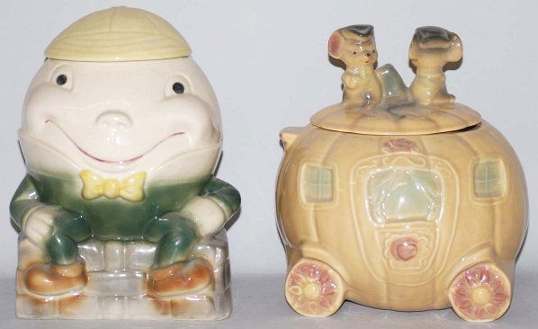 Lot of 2: Brush Cookie Jars.: Includes a Humpty Dumpty jar and a pumpkin with lock jar. Both jars have minor to moderate crazing. Condition (Very Good - Excellent). Size Largest: 9 - 1/2" T.