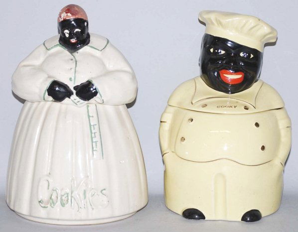 Lot of 2: Black Americana Cookie Jars.: Includes a McCoy Mammy and a Pearl China Cooky. The Mammy has moderate paint loss. Condition (Very Good). Size Largest: 11" T.