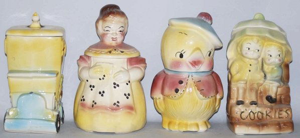 Lot of 4: American Bisque Cookie Jars.: Includes a cookie truck, umbrella kids, a grandma and a chick. Minor crazing throughout. Condition (Excellent). Size Largest: 12 - 1/2" T.