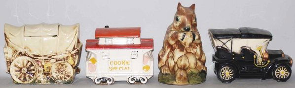 Lot of 4: Vintage McCoy Cookie Jars: Includes a chipmunk, covered wagon, caboose and a touring car. The chipmunk has minor crazing, caboose has minor paint loss and the covered wagon has moderate crazing. Condition (Very Good). Size Larg