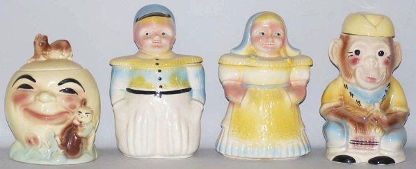 Lot of 4: Robinson Ransbottom Cookie Jars.: Includes Dutch Boy, Dutch Girl, Hey Diddle Diddle and Jocko. Hey Diddle Diddle has a long hairline on side of head. Condition (Very Good - Excellent). Size Largest: 12" T.