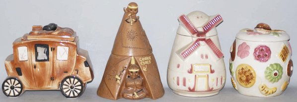 Lot of 4: Assorted Cookie Jars.: Includes a Fapco windmill, a Twin Winton Teepee, a Sierra Vista stage coach and one unidentified cookie jar. Windmill has a few chips and hairlines, the stage coach has a large chip and a hairline to