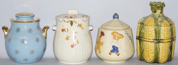 Lot of 4: Assorted Cookie Jars.: Includes a Metlox Poppytrail ear of corn and three other assorted jars. Condition (Very Good - Excellent). Size Largest: 10 - 1/2" T.