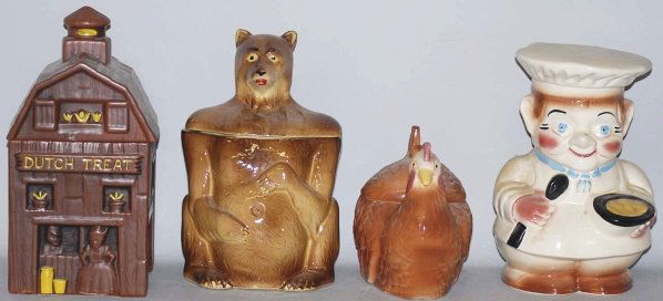 Lot of 4: Assorted Cookie Jars.: Includes a Fapco hen, a Fapco bear, a Twin Winton Dutch Treat cookie barn and an unidentified chef jar. Few chips and crazing throughout. Condition (Excellent). Size Largest: 12" T.