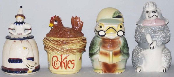 Lot of 4: Assorted Cookie Jars.: Includes a Pfaltzgraff Mother Goose, a Robinson Ransbottom wise bird, a Sierra Vista poodle and a McCoy hen on nest. Mother Goose has a large crack down back of dress. Condition (Very Good - Excellent