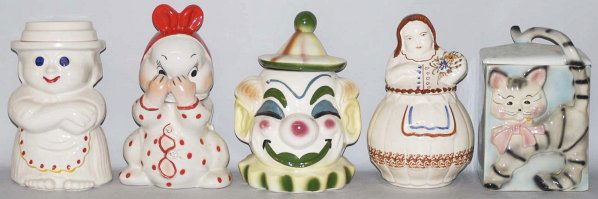 Lot of 5: Assorted Cookie Jars.: Includes Van Tellingen Peek-a-Boo, a Sierra Vista clown, an American Bisque cat and two other unidentified jars. Condition (Very Good - Excellent). Size Largest: 10 - 1/2" T.%%%