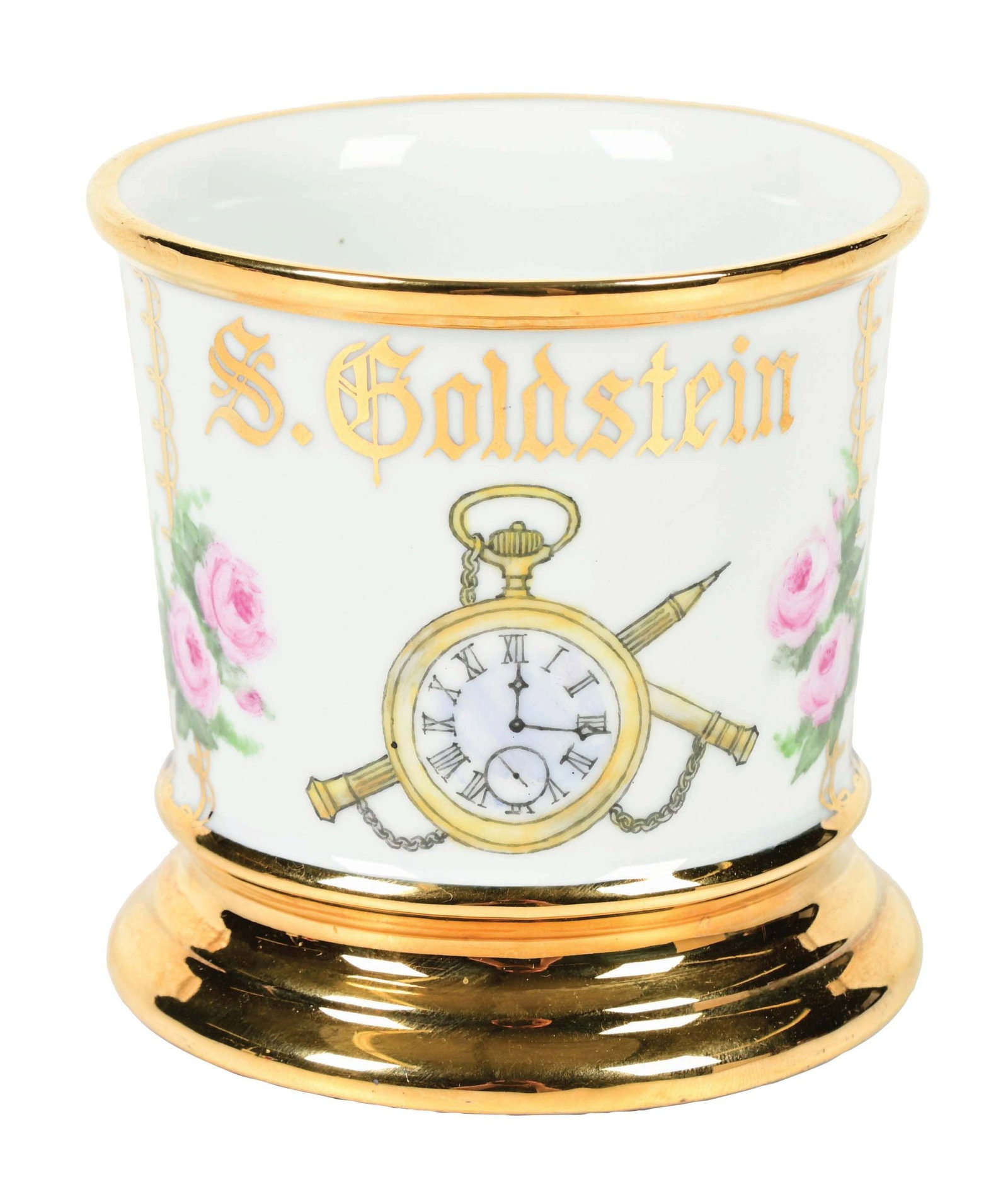 WATCH REPAIRERS SHAVING MUG: Nice mug with image of pocket watch and tools. Most likely a watch repairer or dealers mug. Has name S. Goldstein in gold gilt. Black wrap. Condition: (Near Mint). Dimensions: 3 - 1/2"t x 3 - 3/4"d.