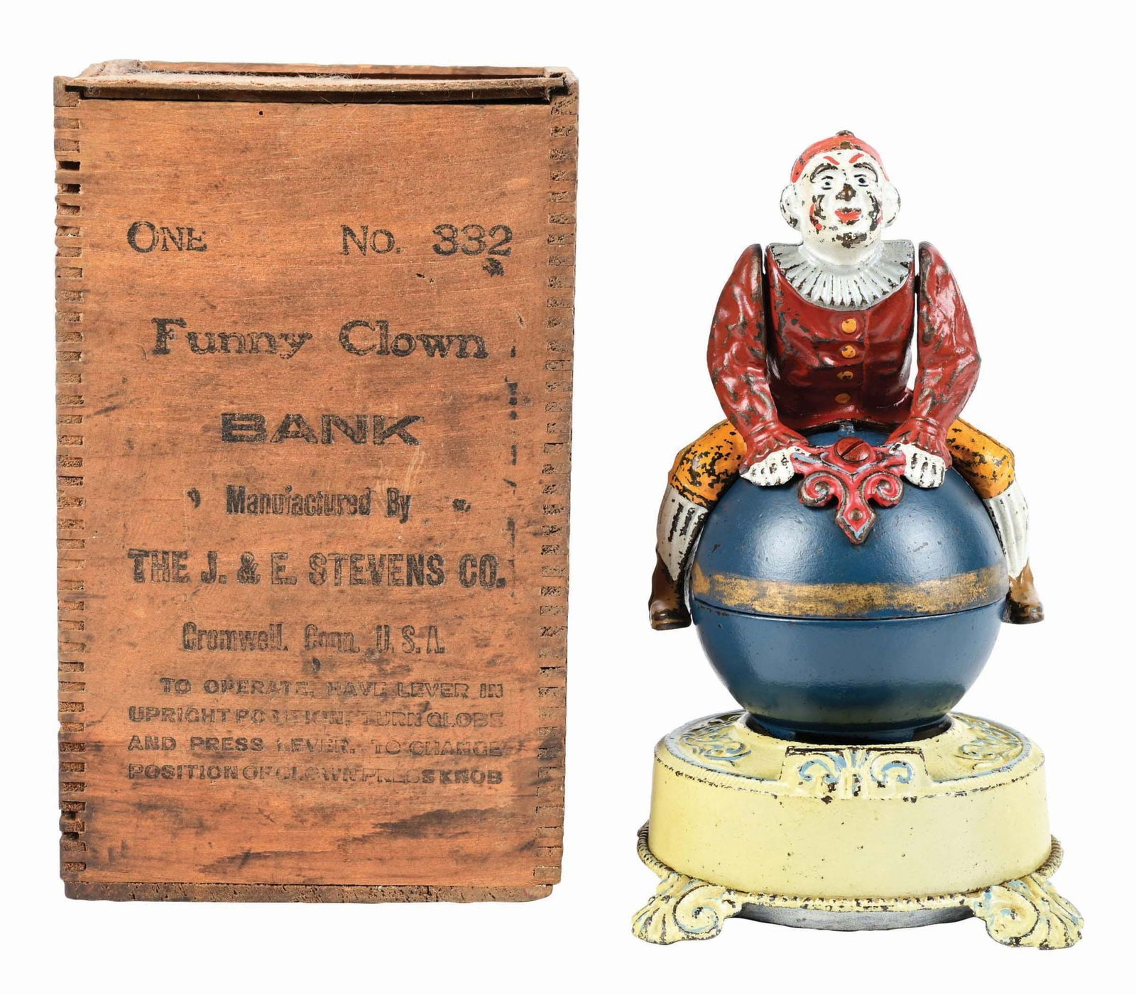J. & E. STEVENS CLOWN ON GLOBE CAST IRON MECHANICAL BANK W/ ORIGINAL BOX (1 of 5)
