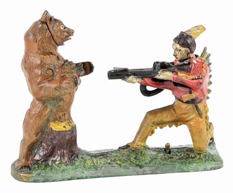 J. & E. STEVENS INDIAN & BEAR CAST IRON MECHANICAL BANK