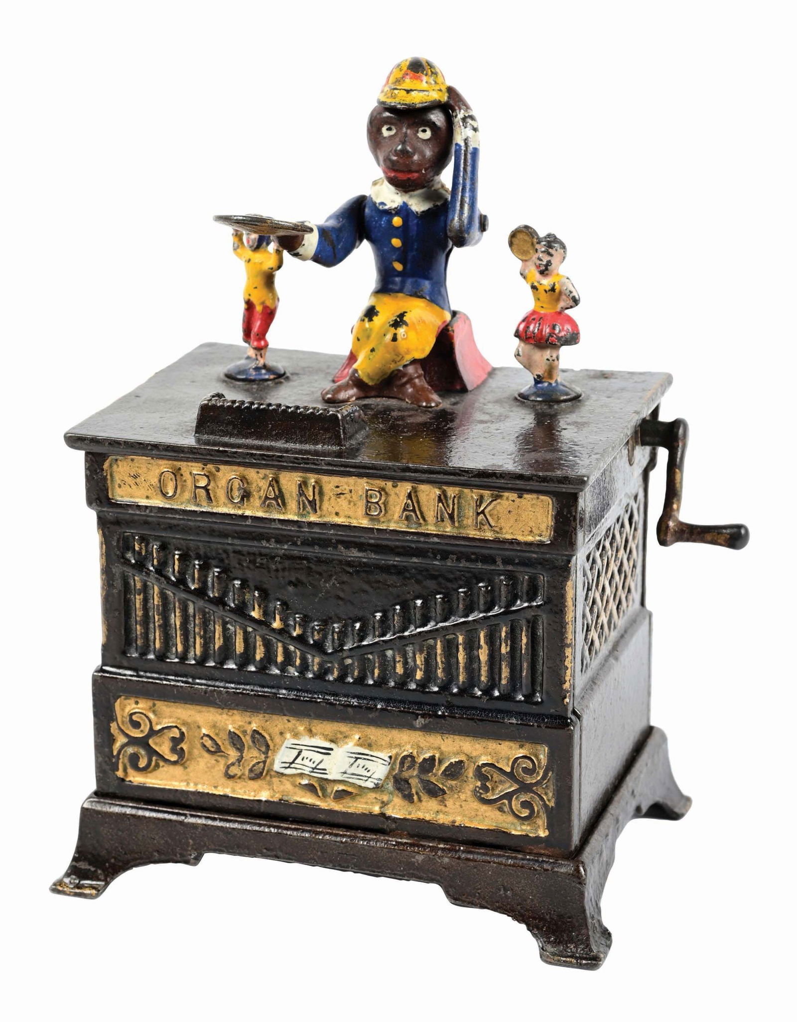 KEYSER & REX ORGAN BANK W/ BOY & GIRL CAST IRON MECHANICAL BANK: All original, including trap. Works well. Condition: (Excellent) Dimensions: 6" x 3 - 1/2" x 7".