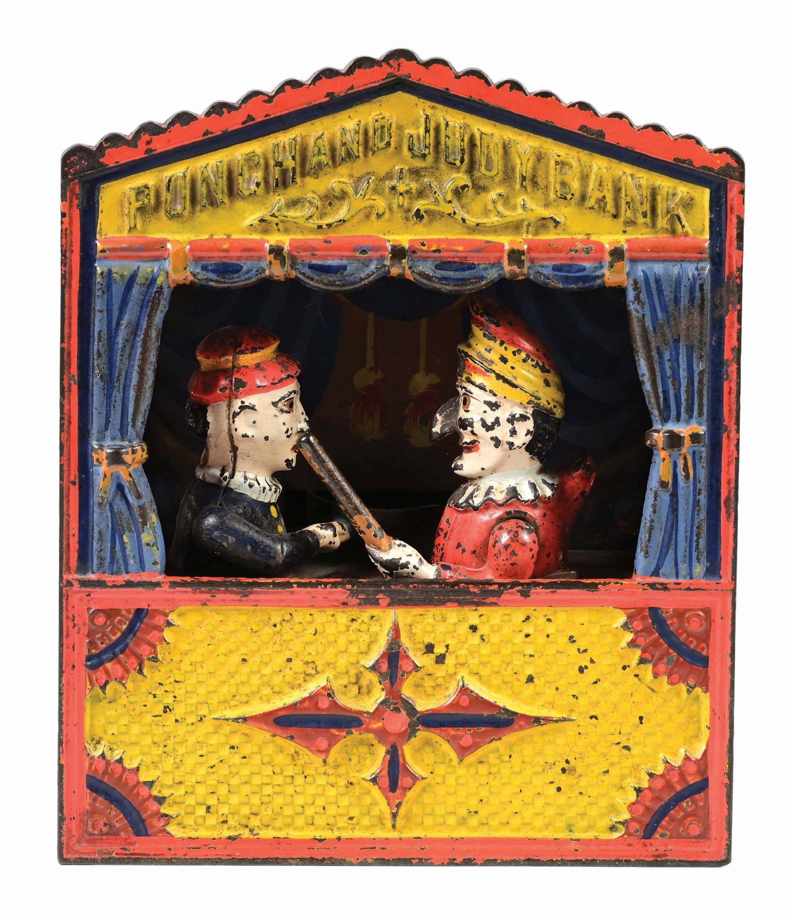 SHEPARD HARDWARE PUNCH AND JUDY CAST IRON MECHANICAL BANK: All original, including base plate. Mechanism does not engage. Bank operates manually, but not with mechanism as intended. Condition: (Very Good +) Dimensions: 6" x 3 - 3/4" x 7 - 1/2".