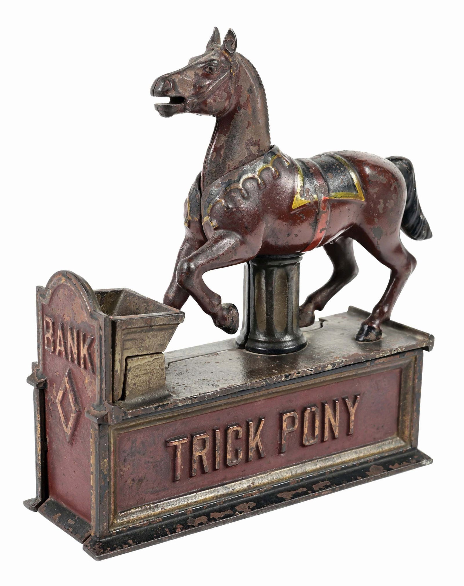 SHEPARD HARDWARE TRICK PONY CAST IRON MECHANICAL BANK: All original, including trap. Works fine. Condition: (Good +) Dimensions: 8" x 2 - 1/2" x 8".