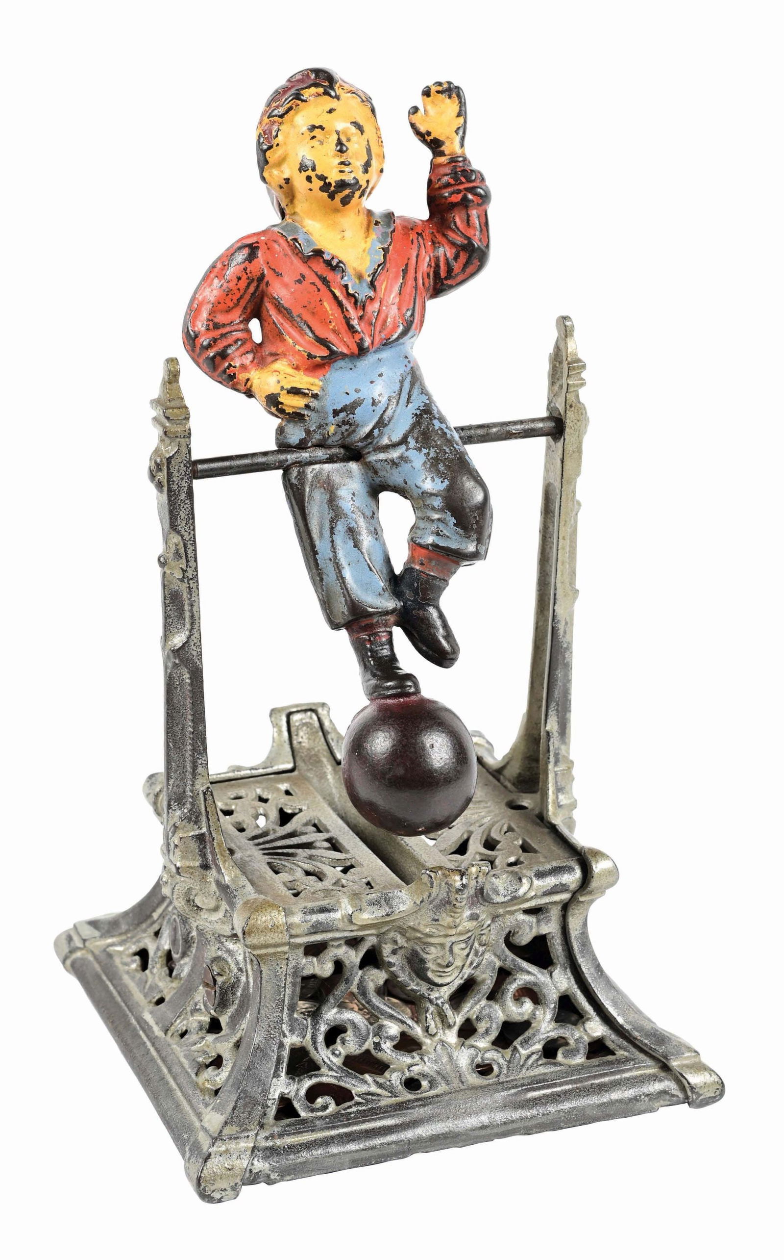J. BARTON SMITH CO. BOY ON TRAPEZE CAST IRON MECHANICAL BANK: Entire base excluding base plate has been painted silver. Condition: (Good - Very Good) Dimensions: 5" x 5" x 9 - 1/2".