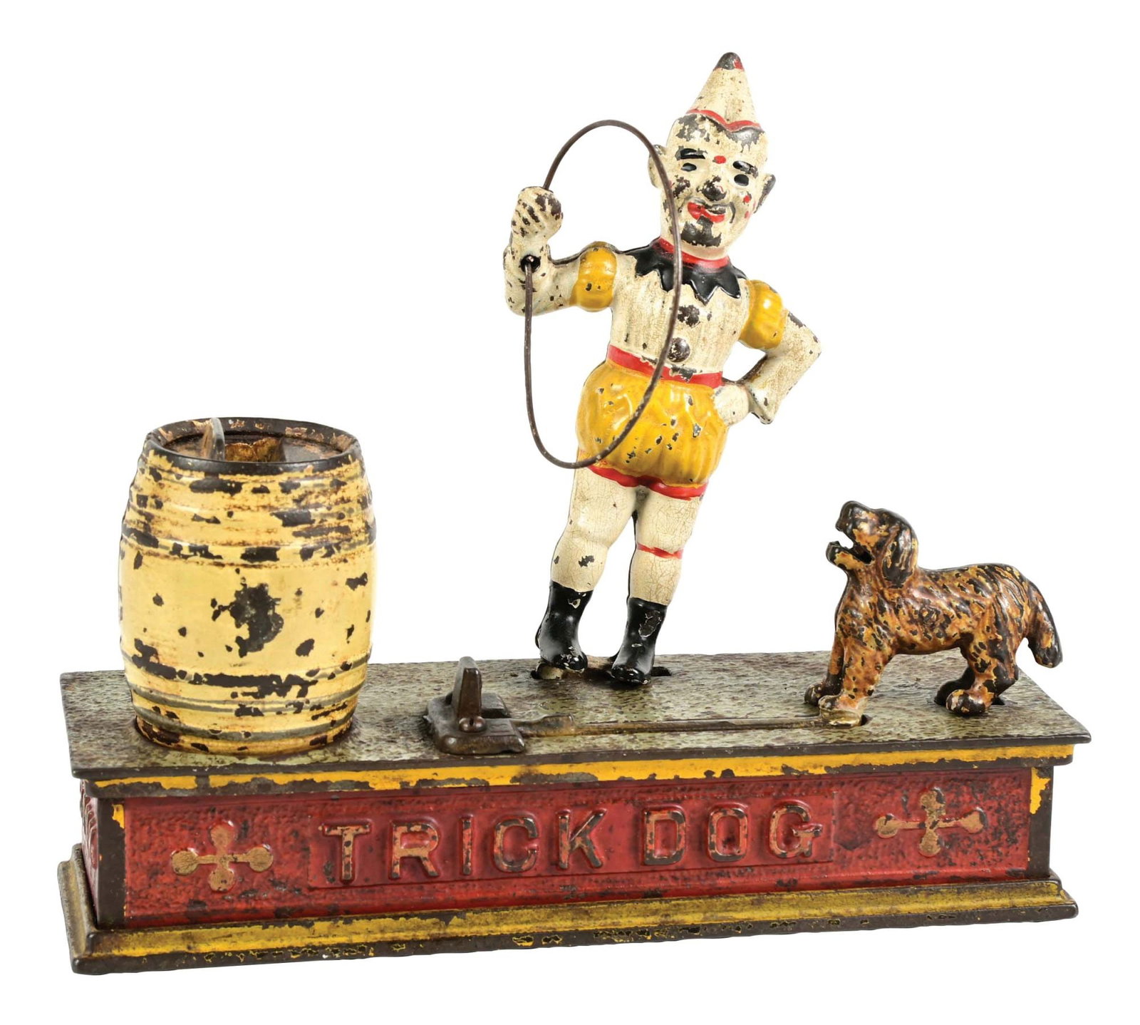 CAST IRON TRICK DOG MECHANICAL BANK: Working condition. Condition: (Excellent) Dimensions: 8 - 3/4" x 3" x 7 - 1/2".