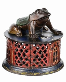 CAST IRON FROG ON LATTICE MECHANICAL BANK