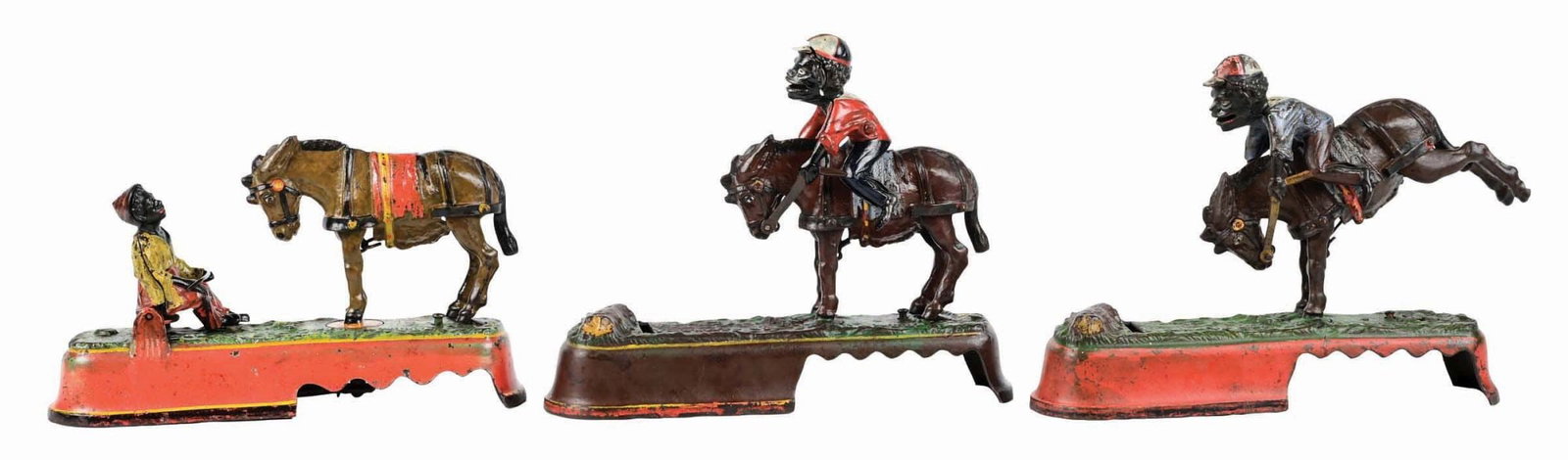 LOT OF 3: J. & E. STEVENS SPISE A MULE MECHANICAL BANKS: (A) Boy on Bench is very good plus condition. (B) Jockey over Boy is repaired/repainted. (C) Jokey over doesn't latch, base is broken/cracked through and glued together. Condition: (Excellent) Dimensi