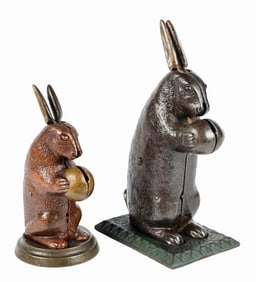 LOT OF 2: LOCKWOOD MANUFACTURING BUNNY CAST IRON MECHANICAL BANKS