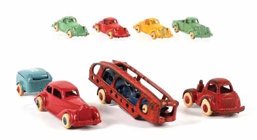 LOT OF 6: AMERICAN-MADE MOSTLY HUBLEY VINTAGE CAST IRON CARS