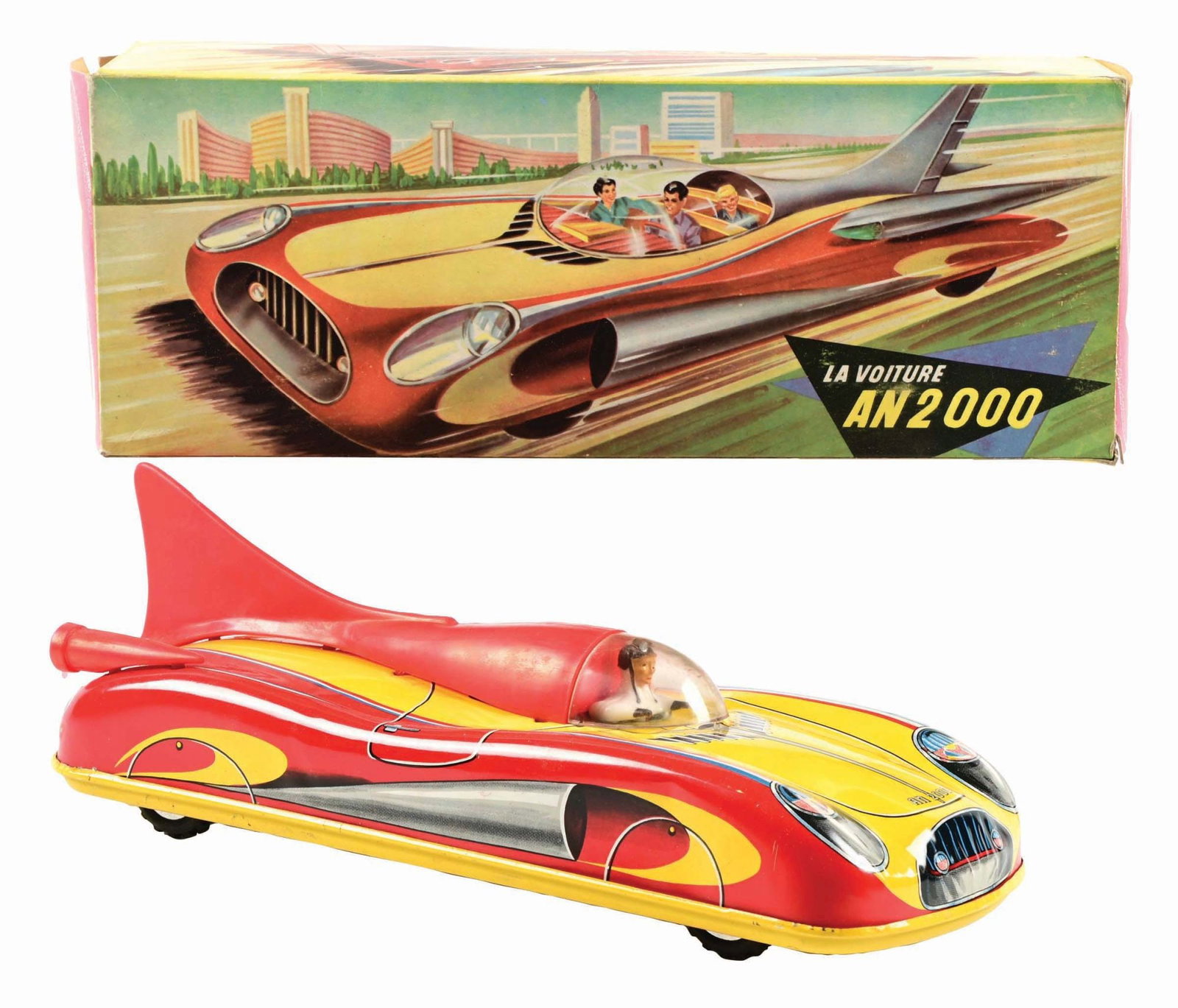 FRENCH TIN LITHO FRICTION LA VOITURE AN 2000 TOY CAR IN ORIGINAL BOX (1 of 3)