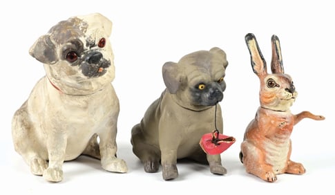 LOT OF 3: BISQUE & COMPOSITION DOG & RABBIT CANDY CONTAINERS