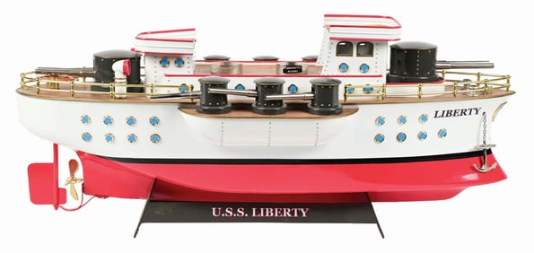 U.S.S LIBERTY CONTEMPORARY BATTLESHIP MODEL W/ MOVEABLE CANNON, SAILOR FIGURES & OTHER PARTS IN