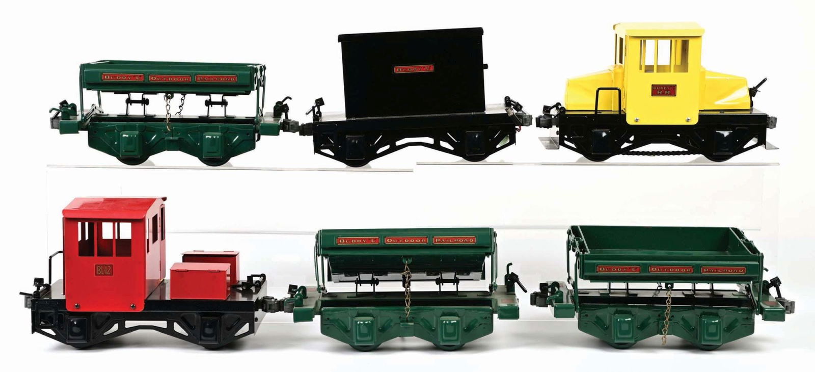 LOT OF 6: T-PRODUCTIONS PRESSED STEEL BUDDY "L" OUTDOOR RAILROAD TRAIN CARS W/ 5 BOXES (1 of 3)