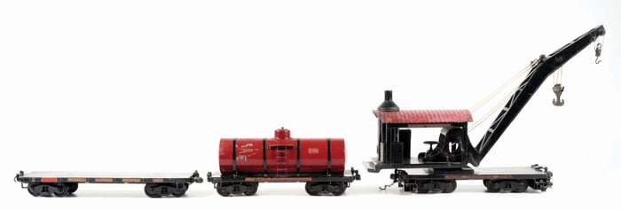LOT OF 3: BUDDY "L" PRESSED STEEL OUTDOOR RAILROAD WRECKING CRANE, FLATCAR & RED TANK CAR