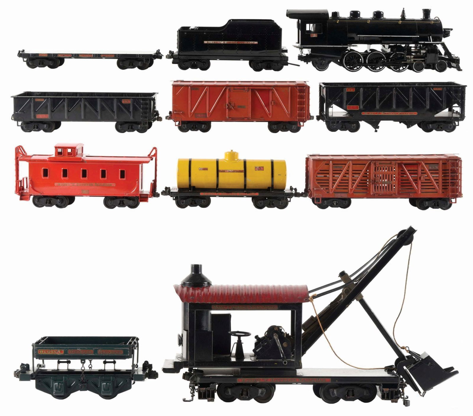 LOT OF 12: 11 BUDDY "L" PRESSED STEEL OUTDOOR ENGINE, TENDER & CARS W/ 3 ADDITIONAL STRAIGHT TRACK (1 of 4)