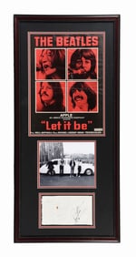 RARE FRAMED BEATLES PIECE INCLUDING 3 ORIGINAL BEATLES AUTOGRAPHS: PAUL MCCARTNEY, JOHN LENNON &