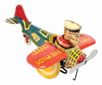 MARX TIN LITHO WIND-UP POPEYE THE PILOT AEROPLANE