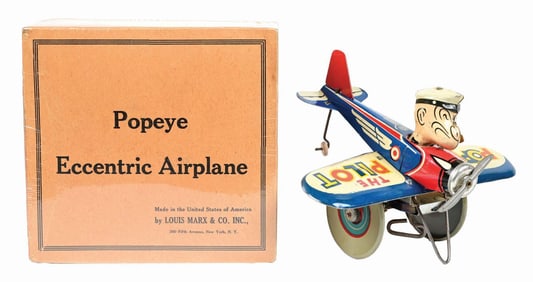 MARX TIN LITHO POPEYE ECCENTRIC WIND-UP AIRPLANE W/ ORIGINAL BOX