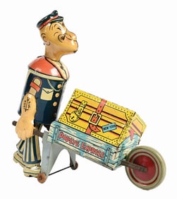 MARX TIN LITHO WIND-UP POPEYE & BAGGAGE CART TOY