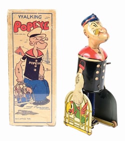 MARX TIN LITHO WIND-UP WALKING POPEYE W/ SALTY THE PARROT IN ORIGINAL BOX