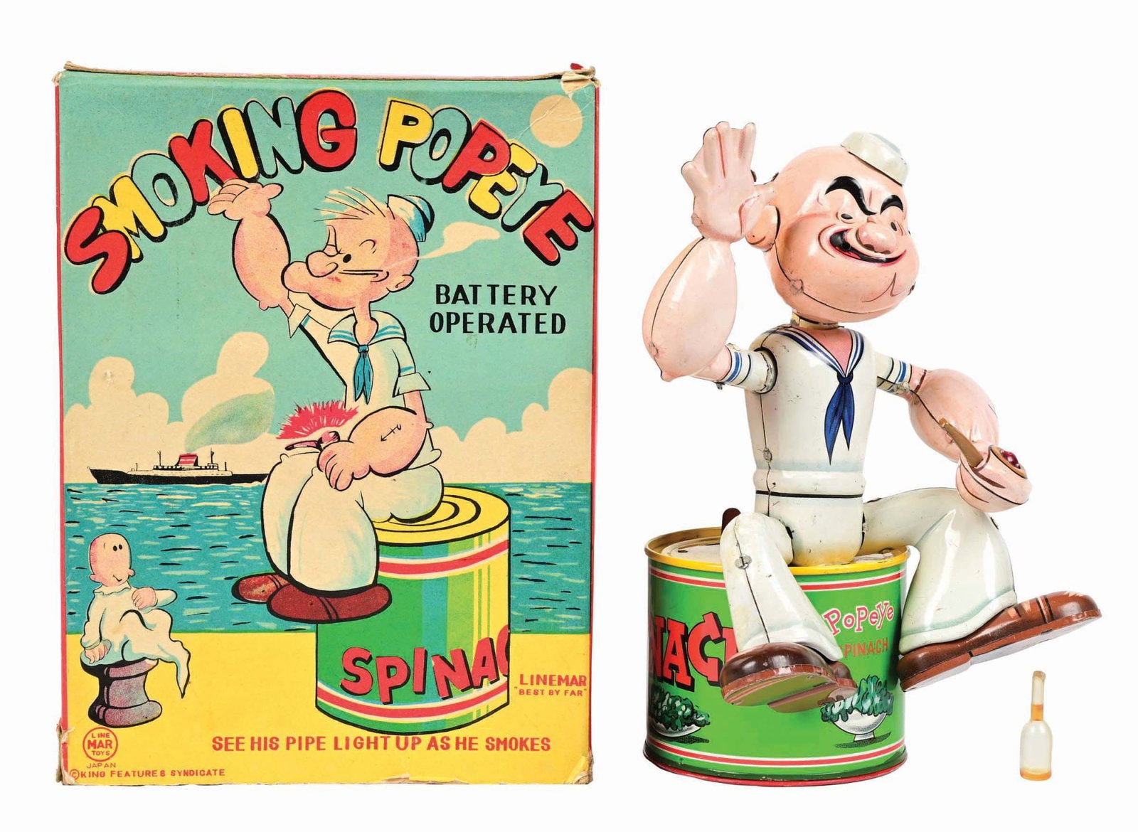 LINE MAR TIN LITHO BATTERY-OPERATED SMOKING POPEYE TOY W/ SCARCE ORIGINAL BOX W/ CARDBOARD INSERT (1 of 5)