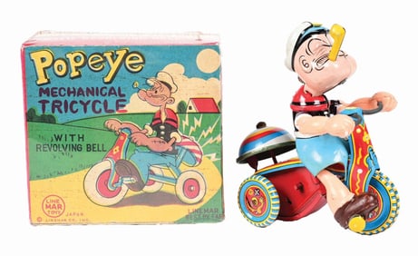TIN LITHO & CELLULOID LINE MAR POPEYE MECHANICAL TRICYCLE W/ ORIGINAL BOX