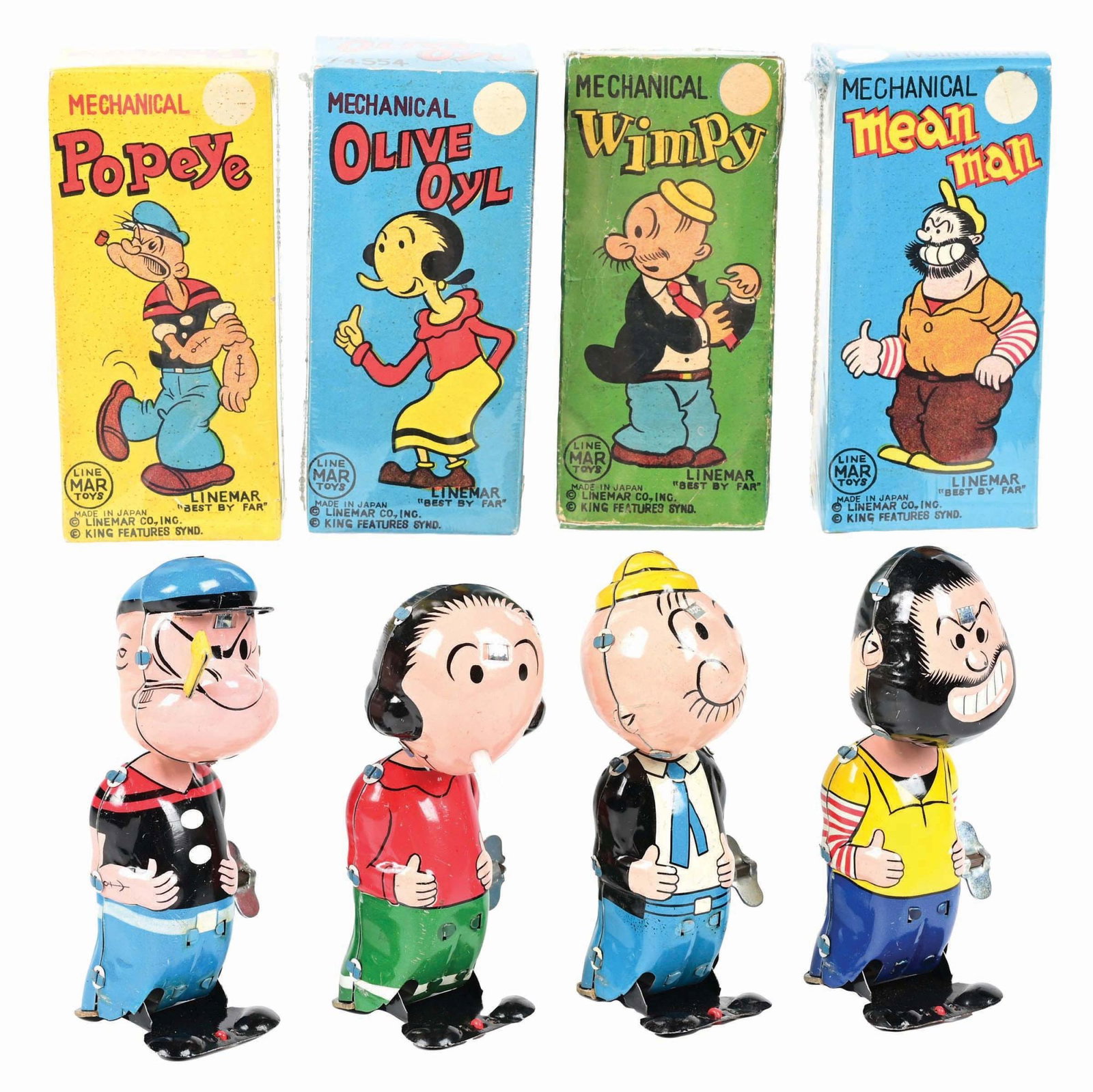 COMPLETE SET OF 4 LINEMAR TIN LITHO WIND-UP POPEYE, MEAN MAN, OLIVE OYL & WIMPY CHARACTER HOPPERS (1 of 3)