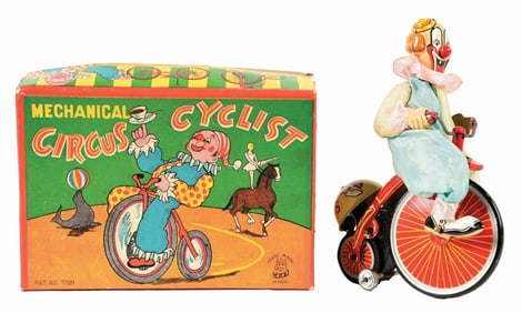 JAPANESE TIN LITHO WIND-UP TPS CIRCUS CYCLIST IN ORIGINAL BOX