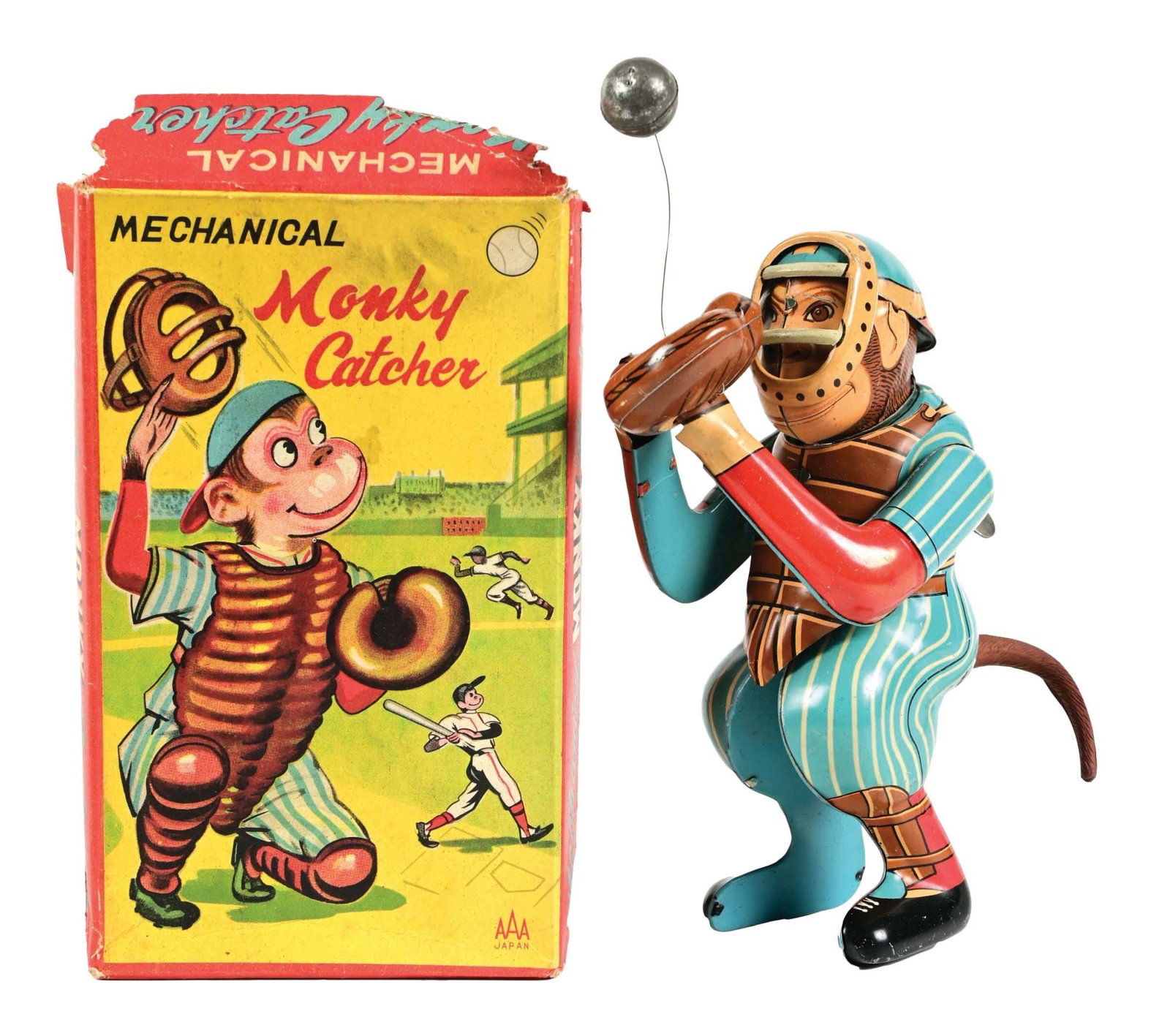 SCARCE JAPANESE TIN LITHO WIND-UP MONKEY CATCHER TOY: Comes with colorful original box showing monkey playing baseball. Has extremely difficult-to-find metal ball, which is hooked by wire into catcher's glove. When wound, original rubber tail spins, arms