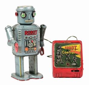 LINEMAR TIN LITHO BATTERY-OPERATED LINEMAR R-35 ROBOT W/ BATTERY BOX