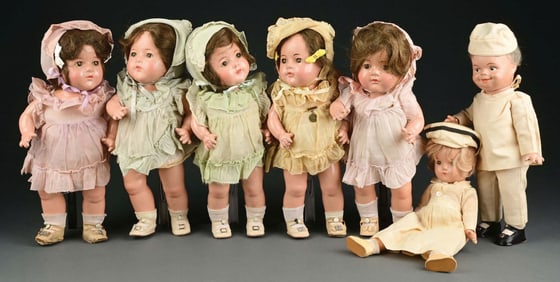 LOT OF 7: MADAME ALEXANDER DIONNE QUINTS DOLLS W/ DOCTOR & NURSE