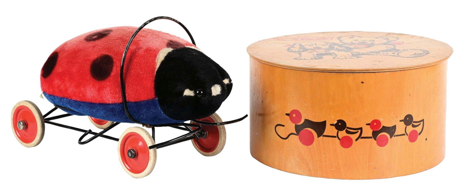 LOT OF 2: PULL ALONG LADY BUG TOY AND WOODEN STEIFF TOY BOX (1 of 5)