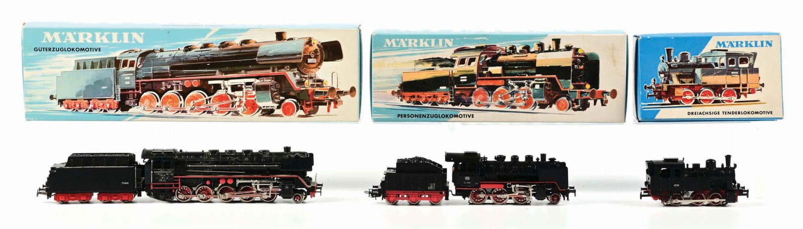 LOT OF 3: MARKLIN LOCOMOTIVES IN BOX: All are like new in the original boxes. (A) No. 3029 0-6-0 Steam Locomotive. (B) No. 3003 2-6-0 Steam Locomotive and Tender. (C) No. 3027 2-10-0 Locomotive and Tender. Condition: Dimensions: 13" x 3 -
